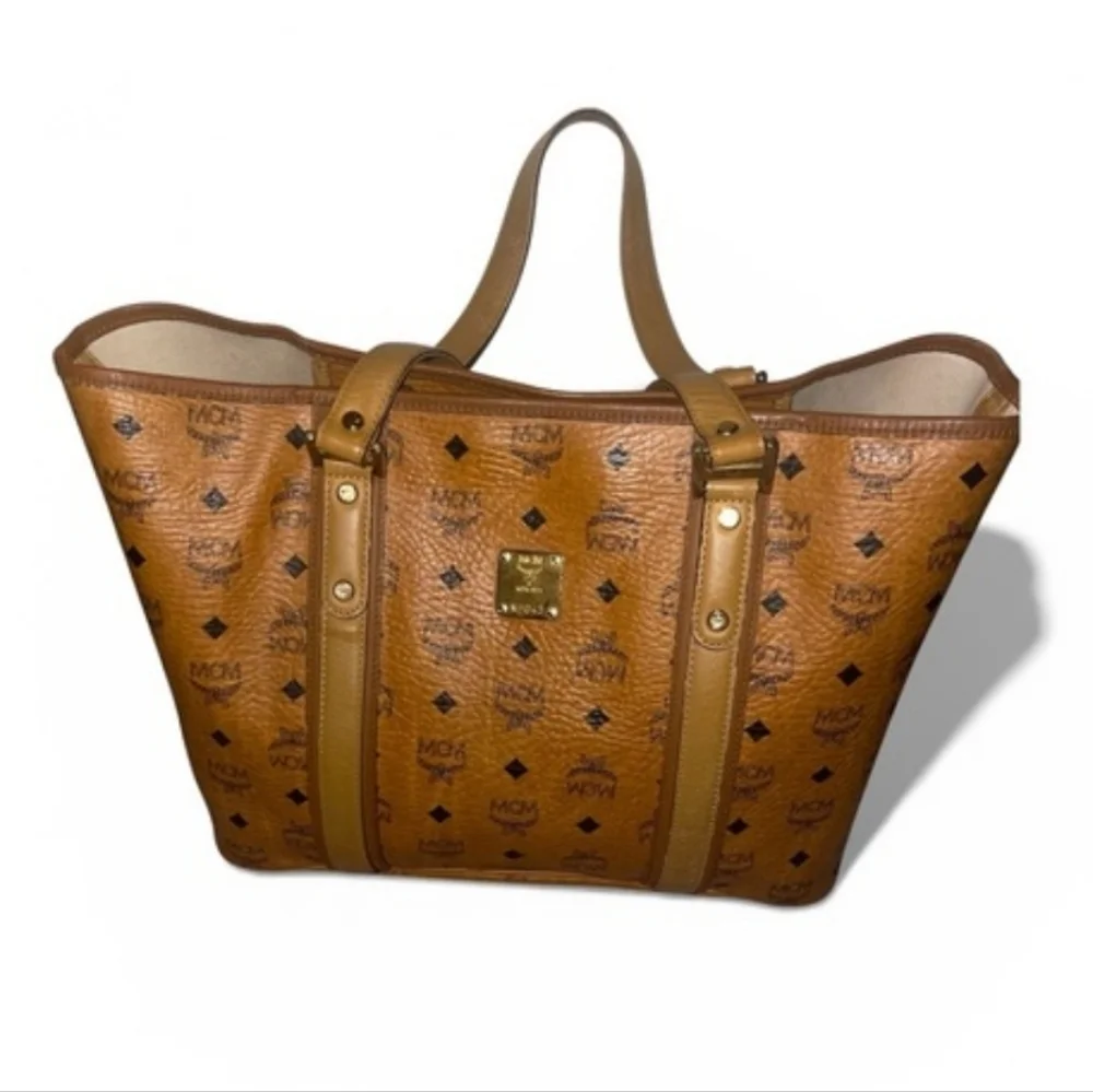 MCM Visetos Brown cognac Logo Tote Bag signature coated canvas with leather trim - Picture 1 of 12